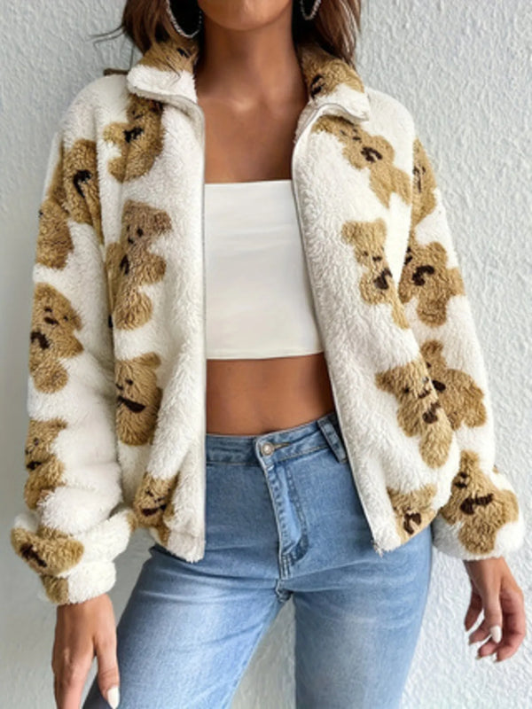 Bear Print Fleece Zip Up Outerwear White - Fashorio