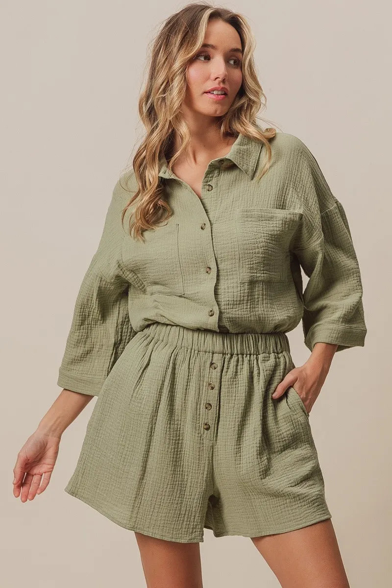 BiBi Crinkle Gauze Shirt and Short Set - Fashorio