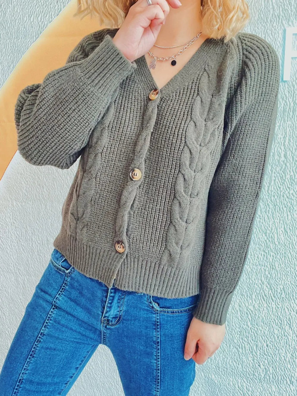 Cable-Knit V-Neck Button Down Long Sleeve Cardigan - Fashorio