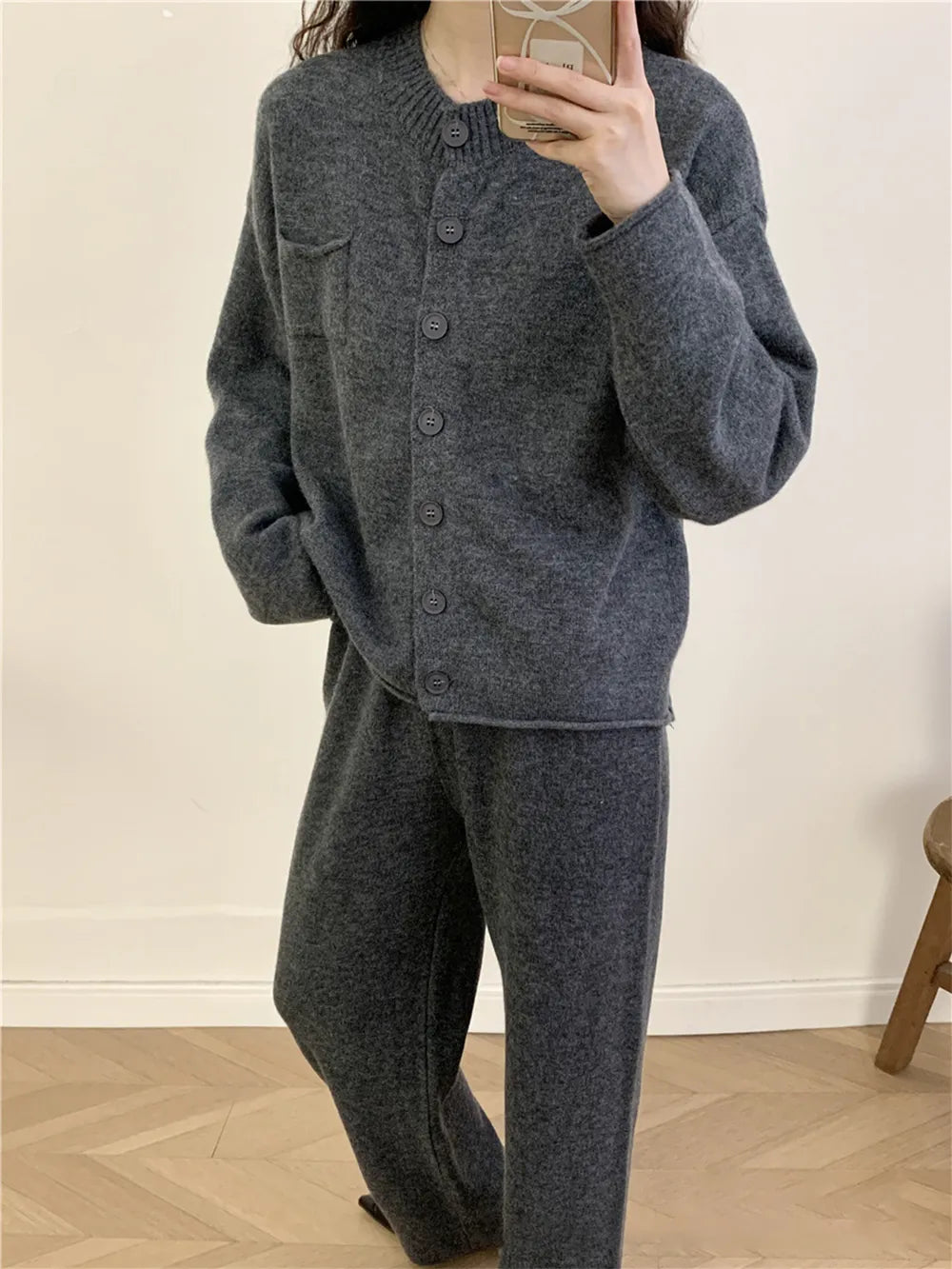 Pocketed Round Neck Button Up Cardigan and Pants Sweater Set - Fashorio