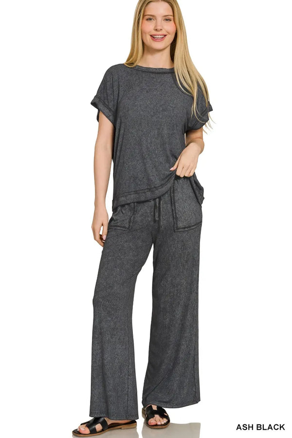 Zenana Ribbed Acid Wash Rayon Top & Pants Set ASH BLACK - Fashorio