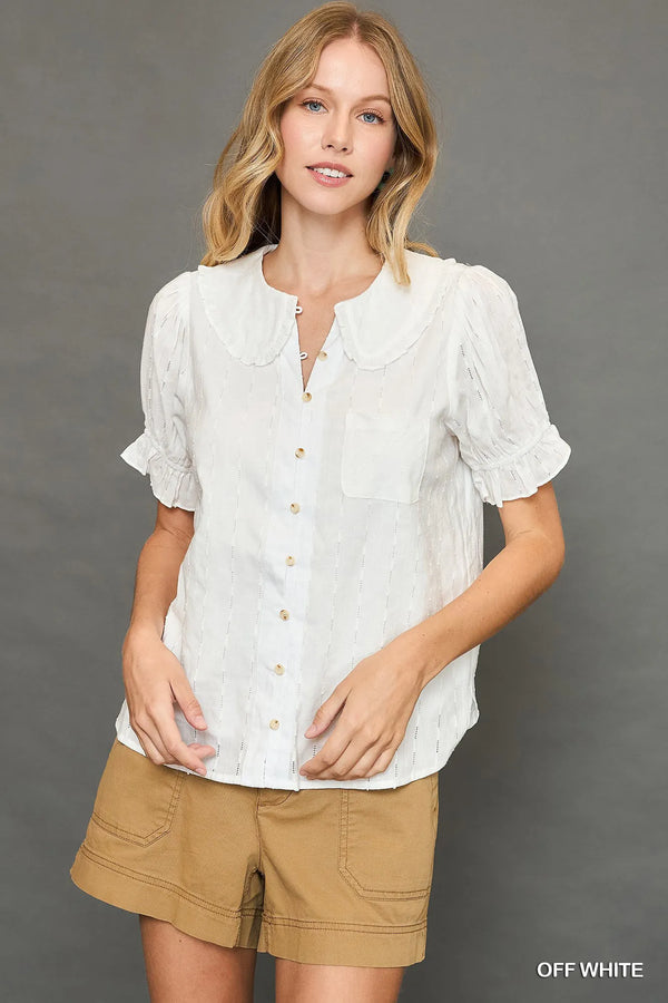 Umgee Peter Pan Collared Button Down Textured Shirt with Ruffled Deatil OFF WHITE - Fashorio