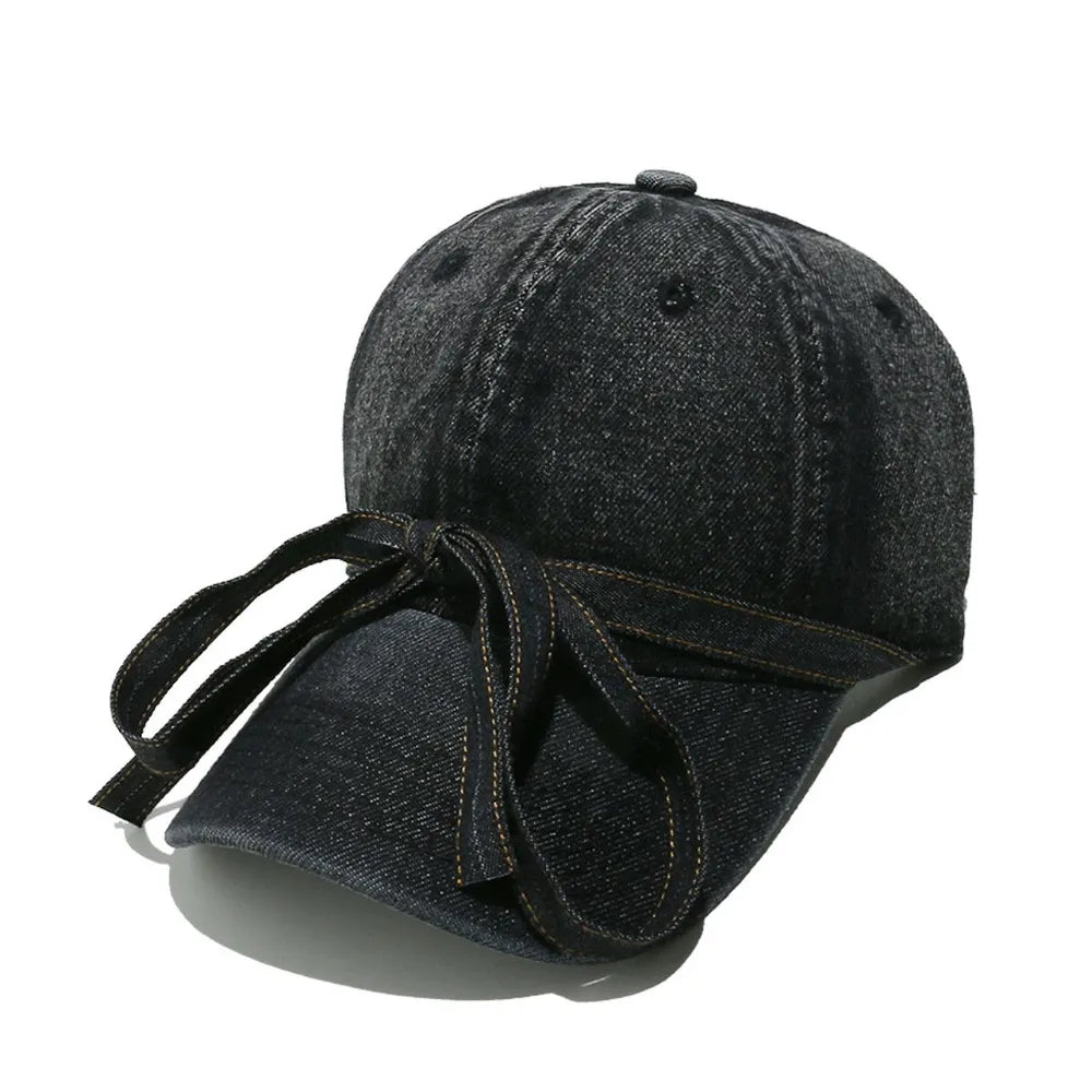 Washed Bow Denim Baseball Cap Black One Size - Fashorio