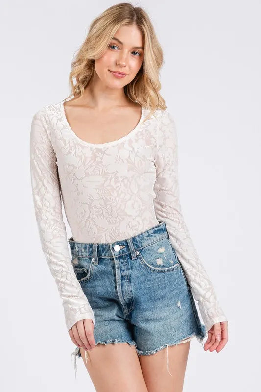 Ces Femme Velvet Floral Long Sleeve Bodysuit - Fashorio