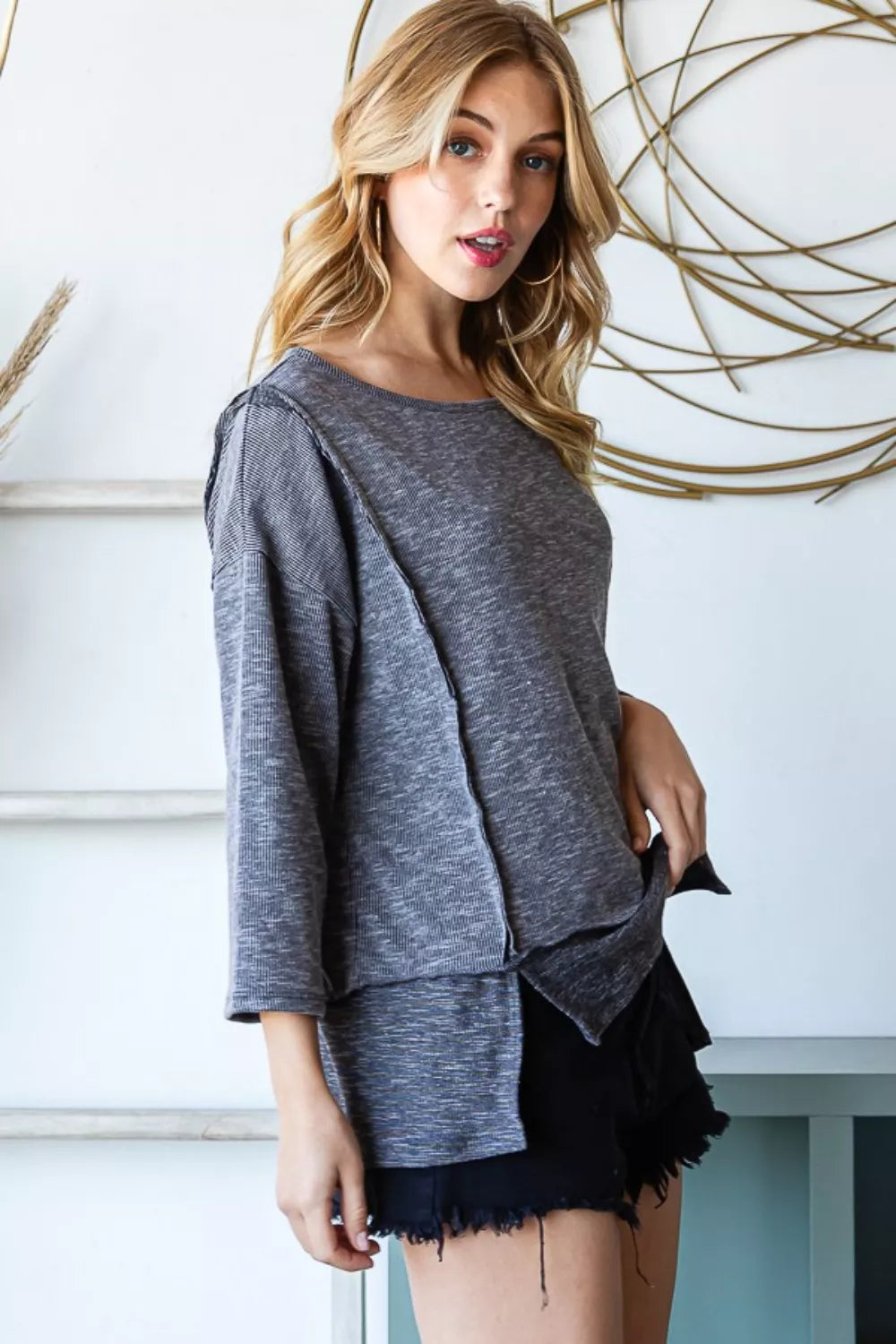 Reborn J Boat Neck Exposed Seam Slit Top - Fashorio