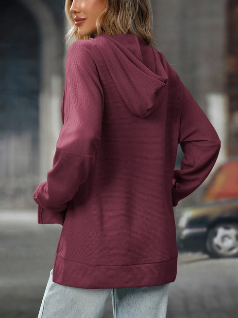 Textured Drawstring Long Sleeve Hoodie - Fashorio
