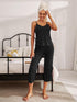 V-Neck Lace Trim Slit Cami and Pants Pajama Set Black - Fashorio