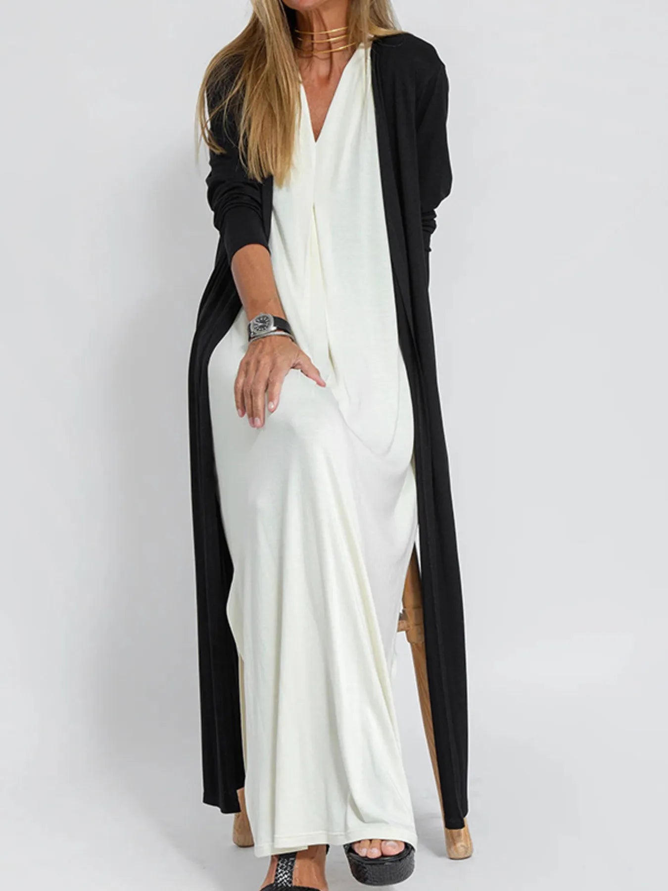 Full Size Open Front Side Slit Longline Cardigan Plus Size Black - Fashorio