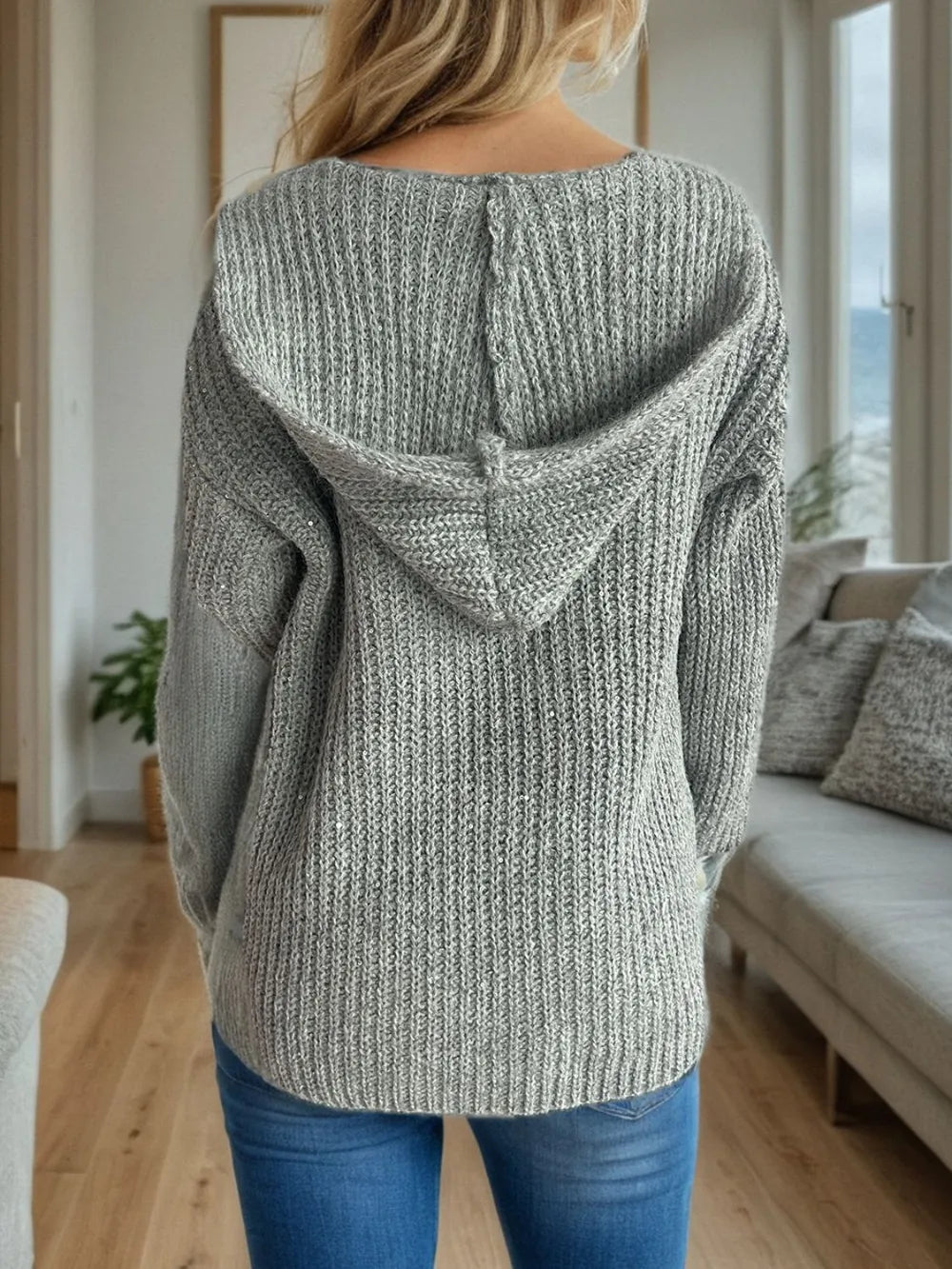 Sequin Detail Long Sleeve Hooded Cardigan - Fashorio