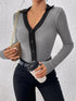 Perfee Contrast Trim Johnny Collar Long Sleeve Bodysuit - Fashorio