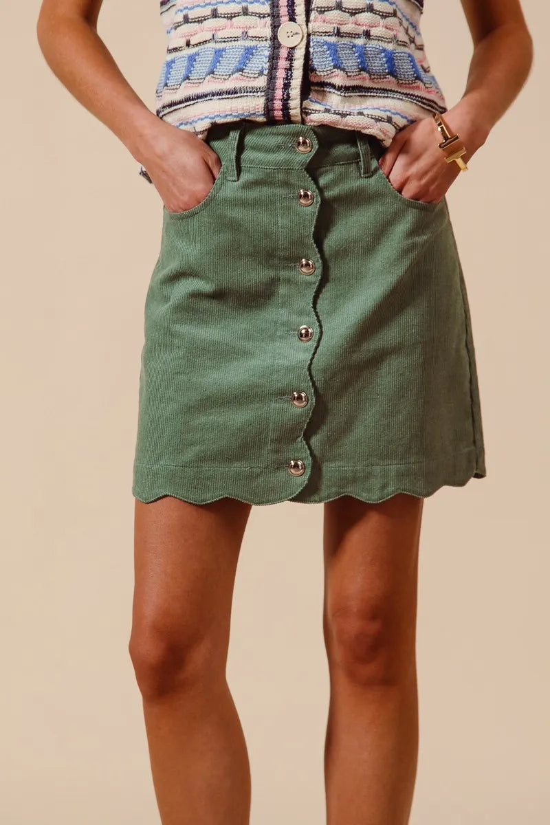 SO ME Scallop Buttoned Front Corduroy Mini Skirt - Fashorio