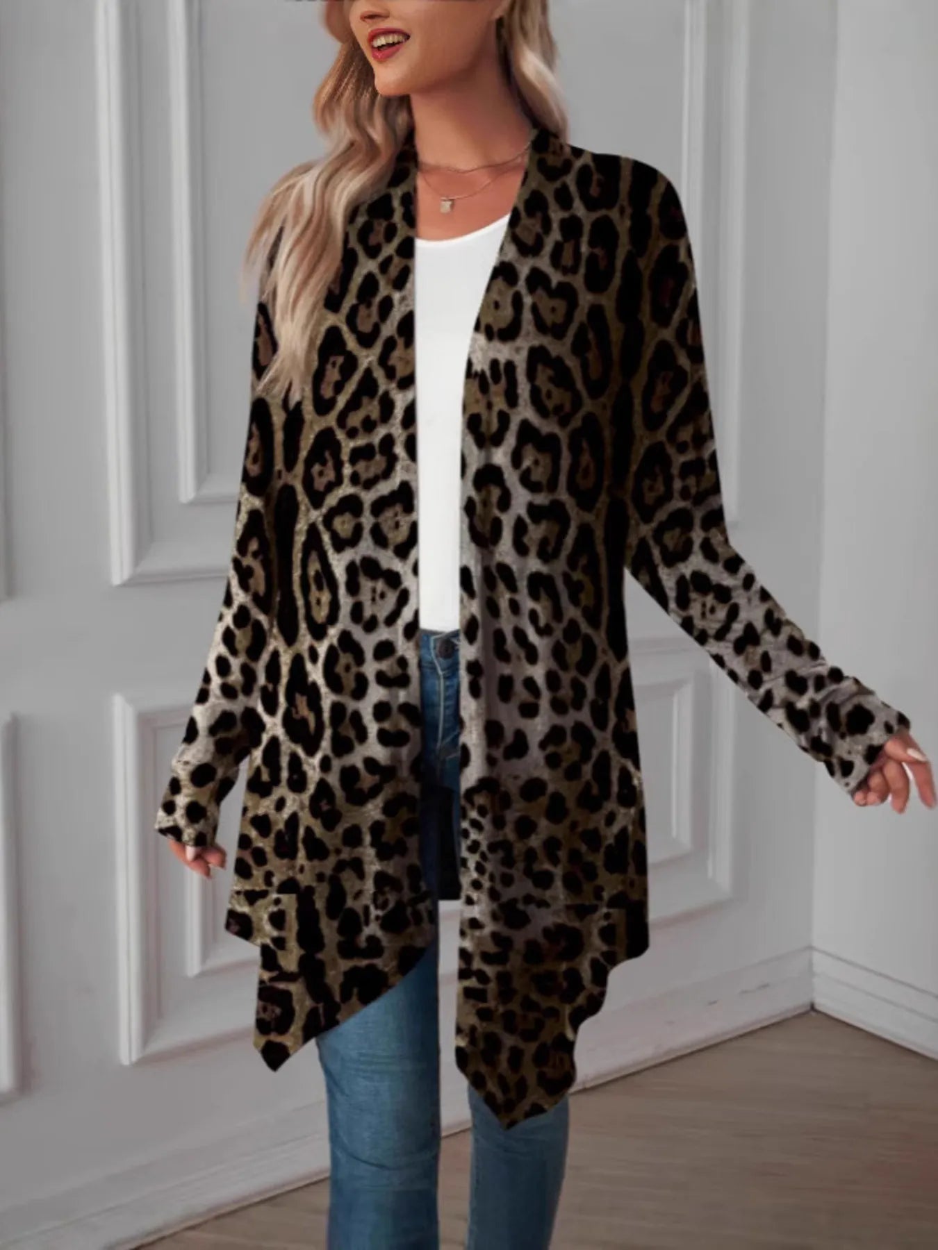 Leopard Print Long Open Front Cardigan - Fashorio