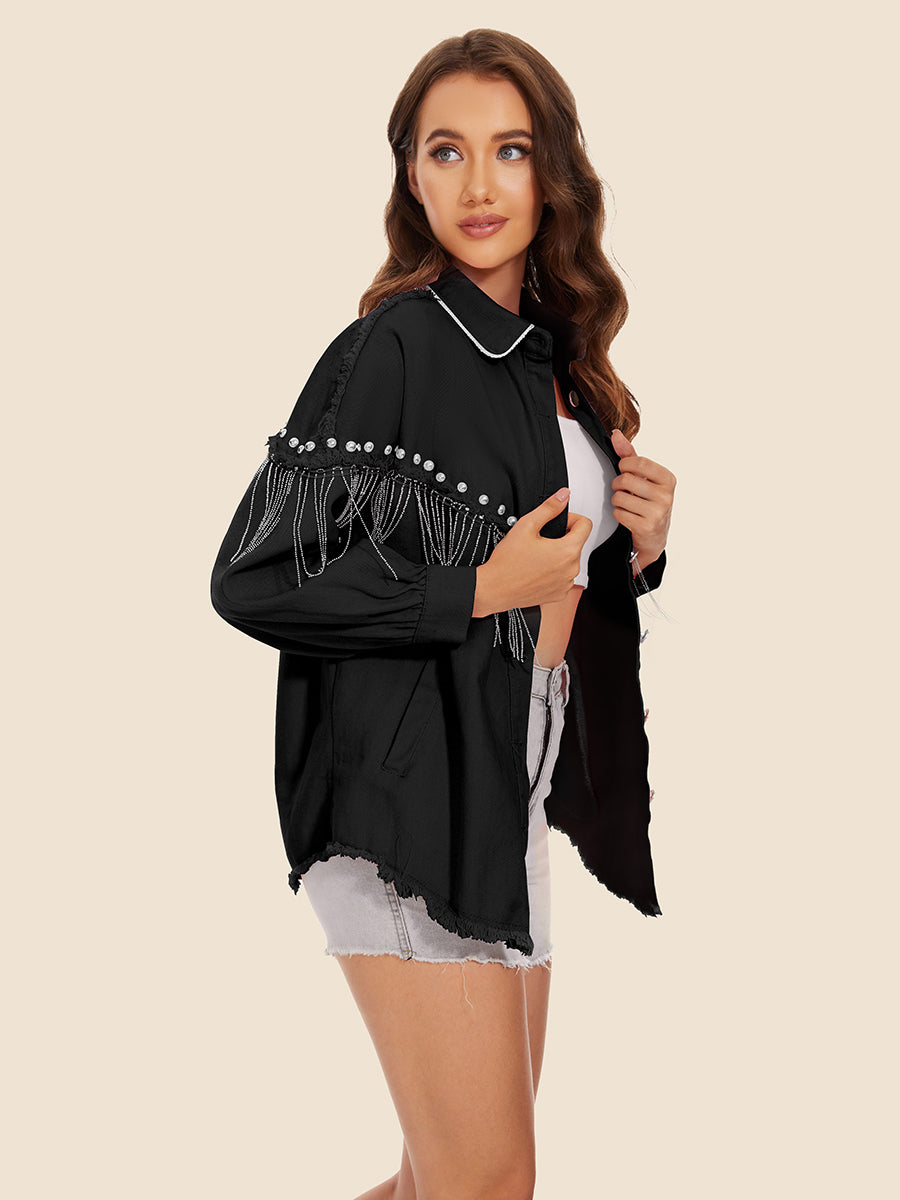 Raw Hem Fringe Detail Denim Jacket - Fashorio