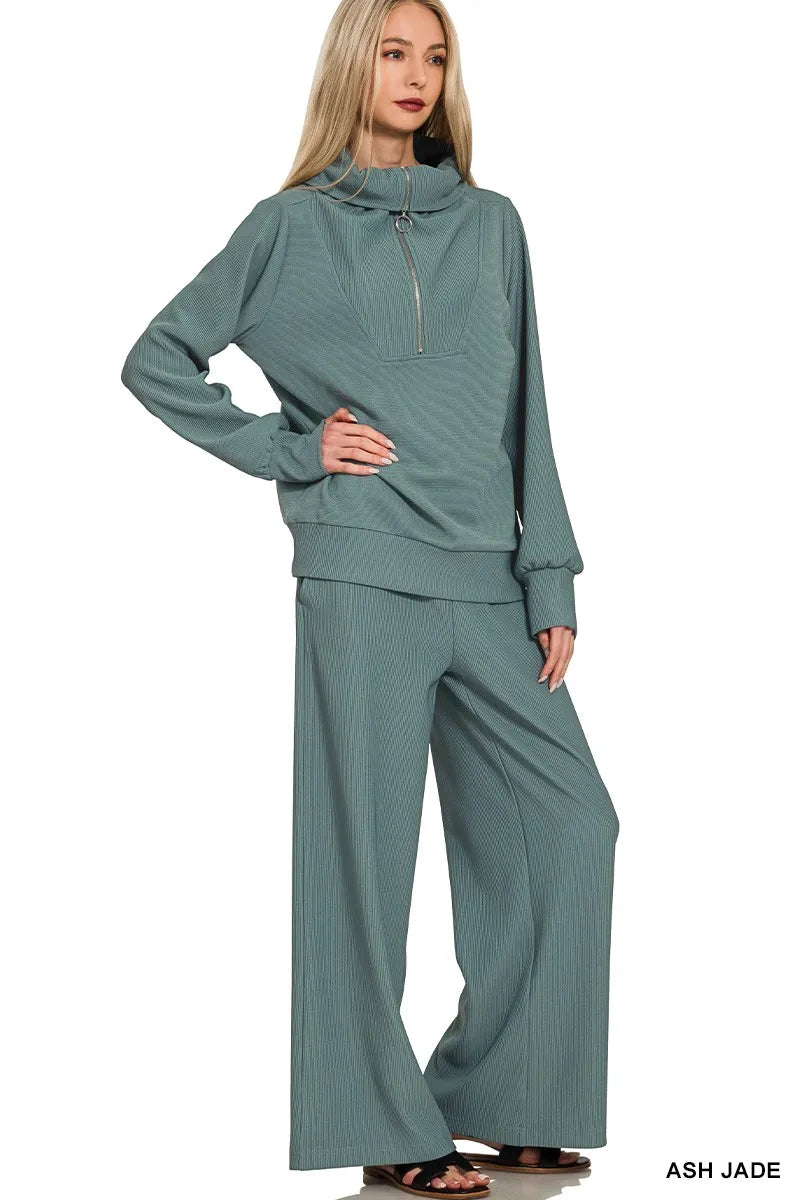 Zenana Ribbed High Neck Half Zip Pullover & Pants Set - Fashorio
