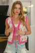 BiBi Leopard Sweater Vest With Front Tie and Scallop Detail IVORY PINK - Fashorio