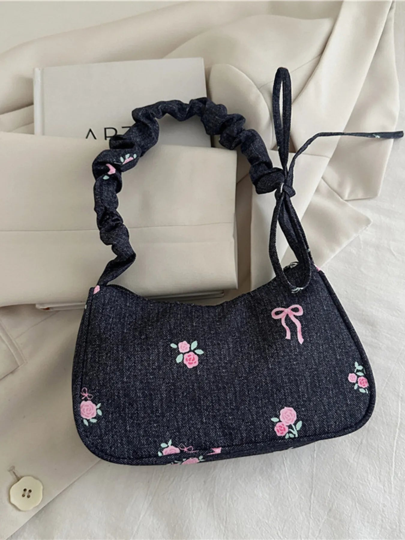Embroidered Ruched Strap Shoulder Bag Black One Size - Fashorio