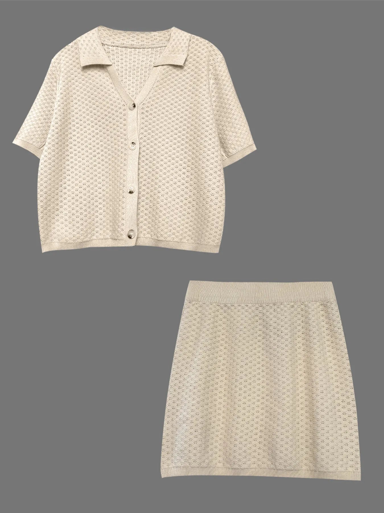 Openwork Button Up Top and Skirt Sweater Set - Fashorio