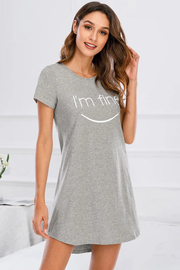 Graphic Round Neck Short Sleeve Lounge Dress Gray - Fashorio