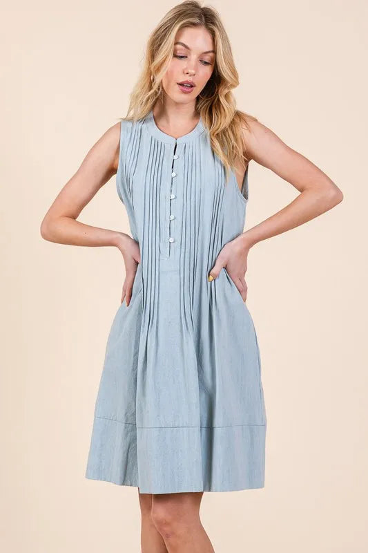 Lime 'N' Chili Denim Pintuck Detail Sleeveless Midi Dress - Fashorio