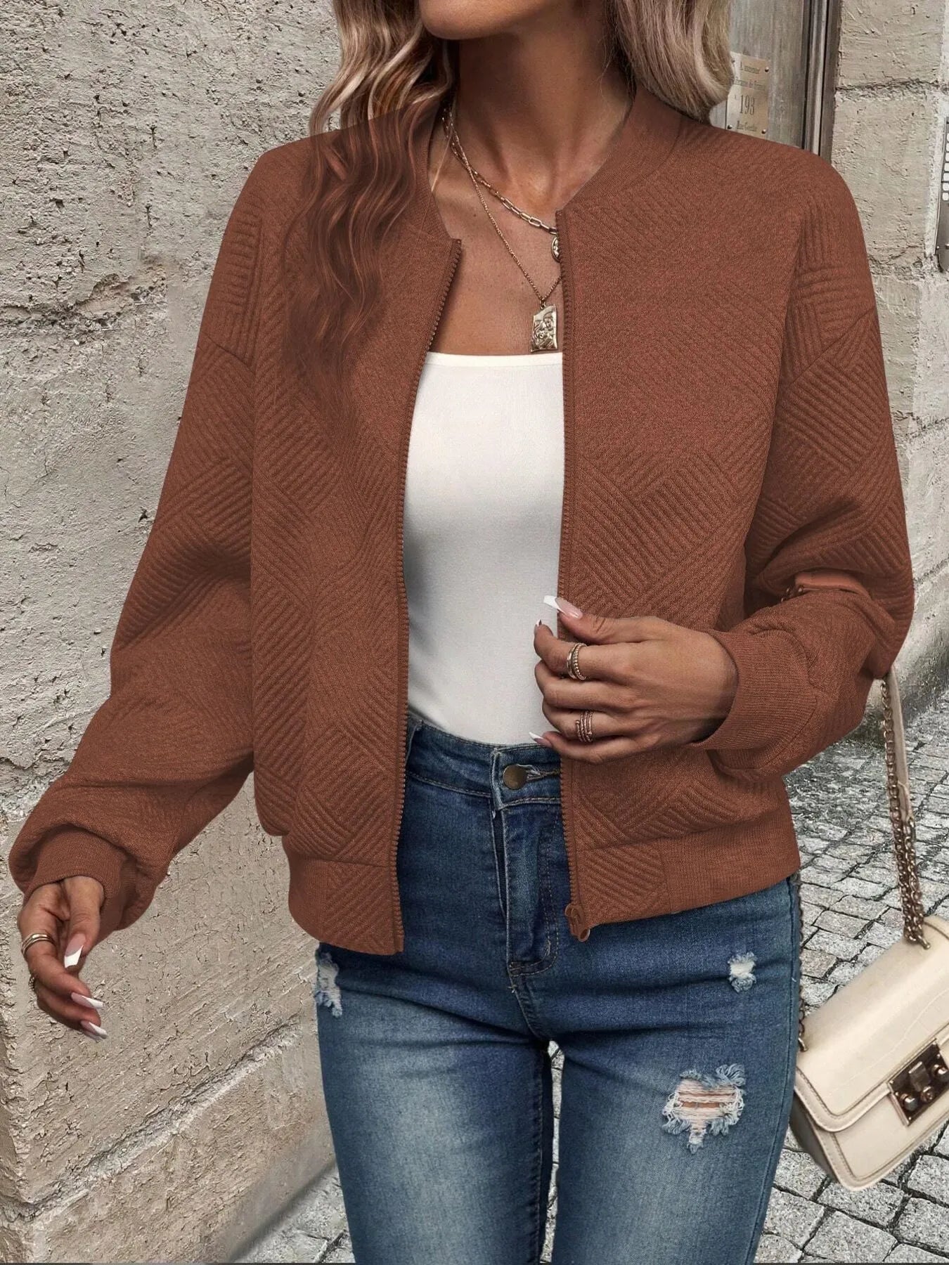 Textured Zip-Up Long Sleeve Jacket for Casual Layering - Fashorio