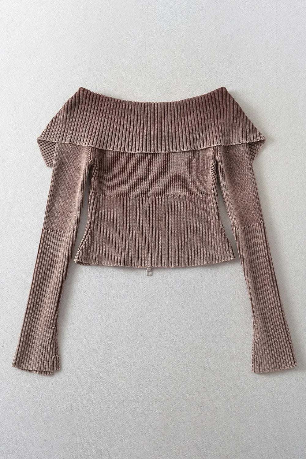Double Take Ribbed Off-Shoulder Zip Up Long Sleeve Cardigan - Fashorio