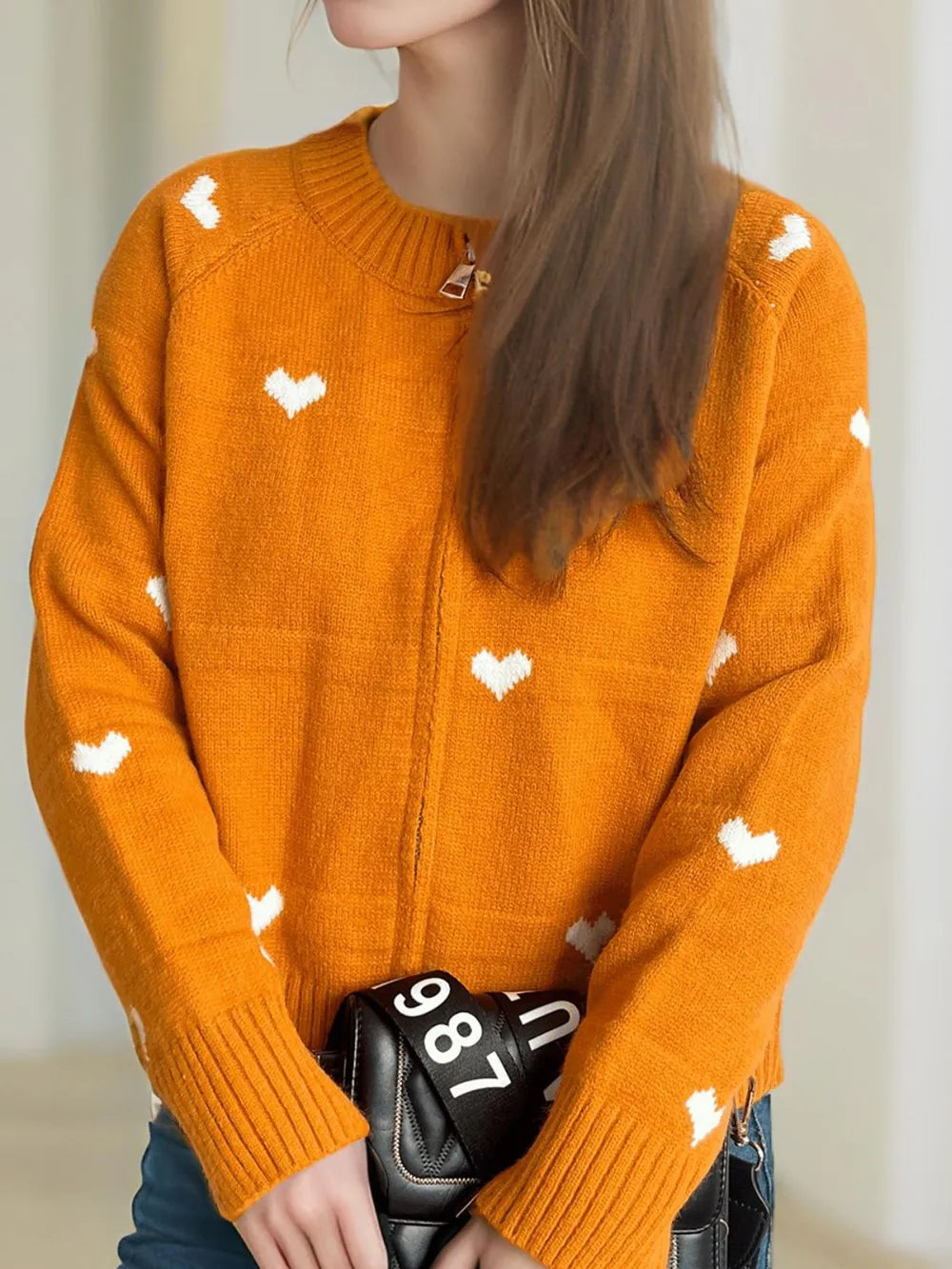 Heart Round Neck Zip Up Cardigan - Fashorio