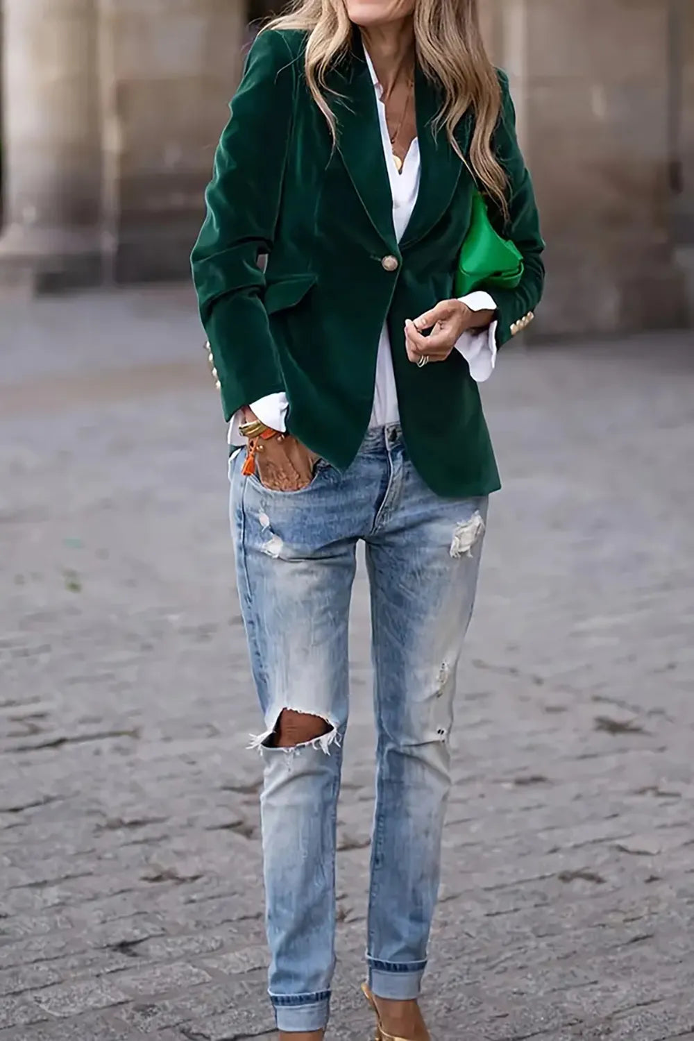 One Button Lapel Collar Long Sleeve Blazer - Fashorio
