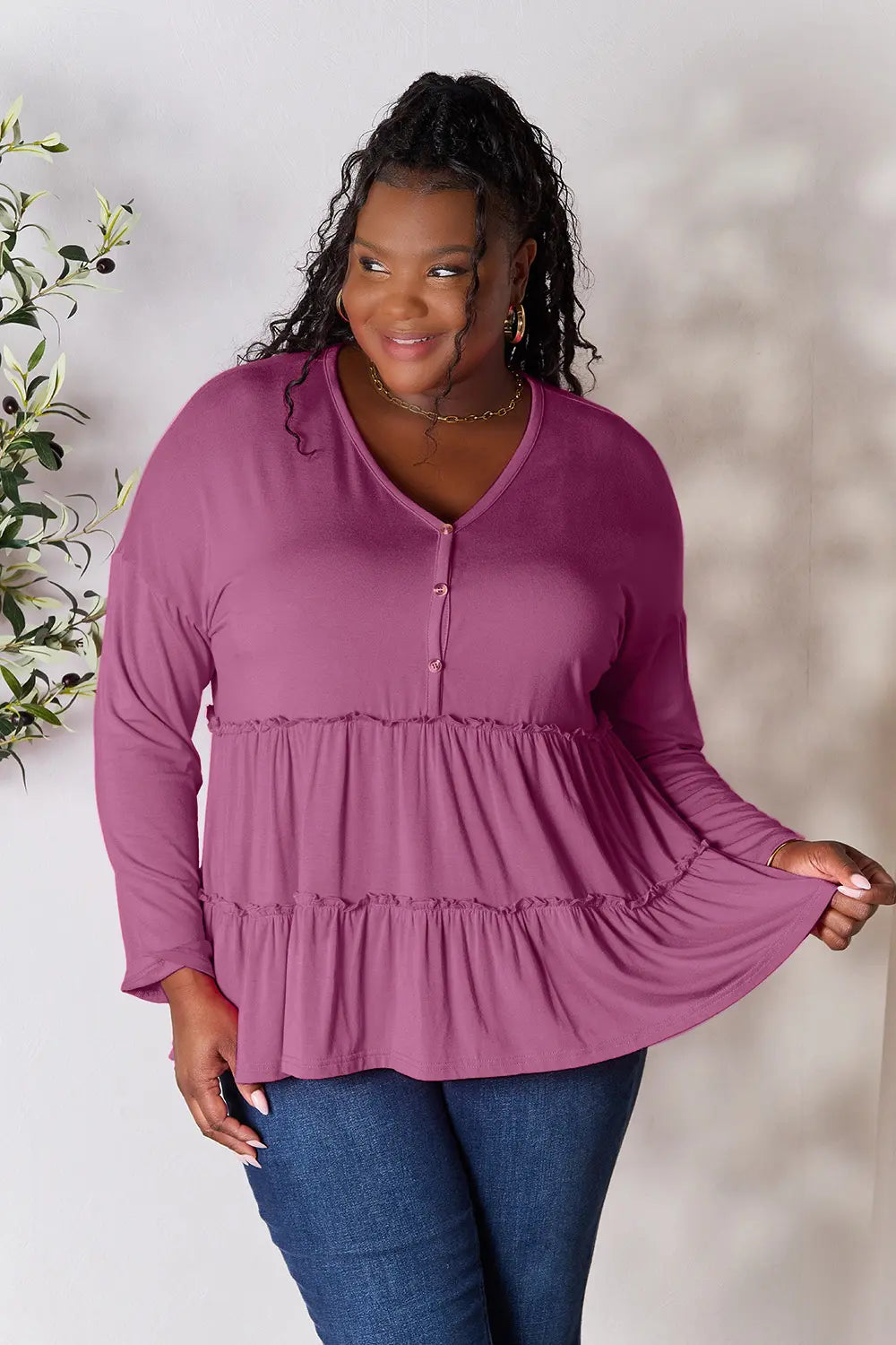 Double Take Half Button Long Sleeve Ruffle Hem Blouse Lilac - Fashorio