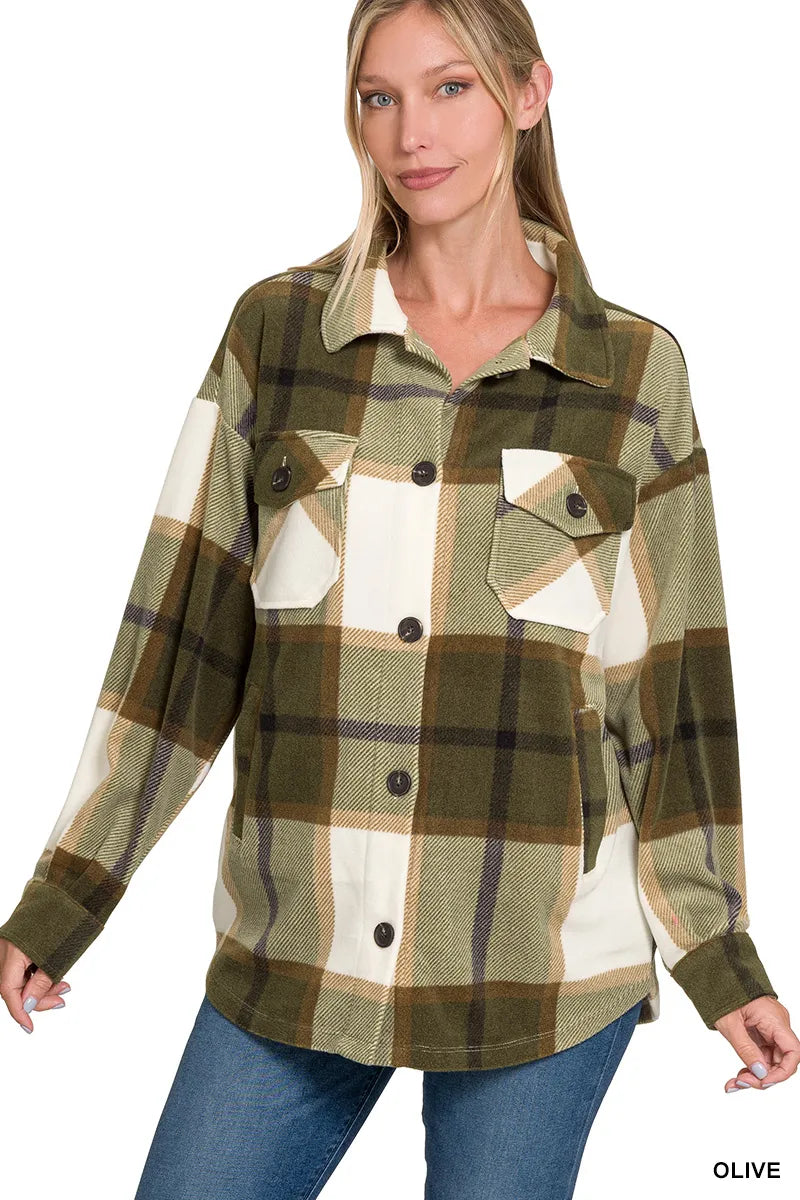 Zenana Oversized Plaid Fleece Shacket OLIVE - Fashorio