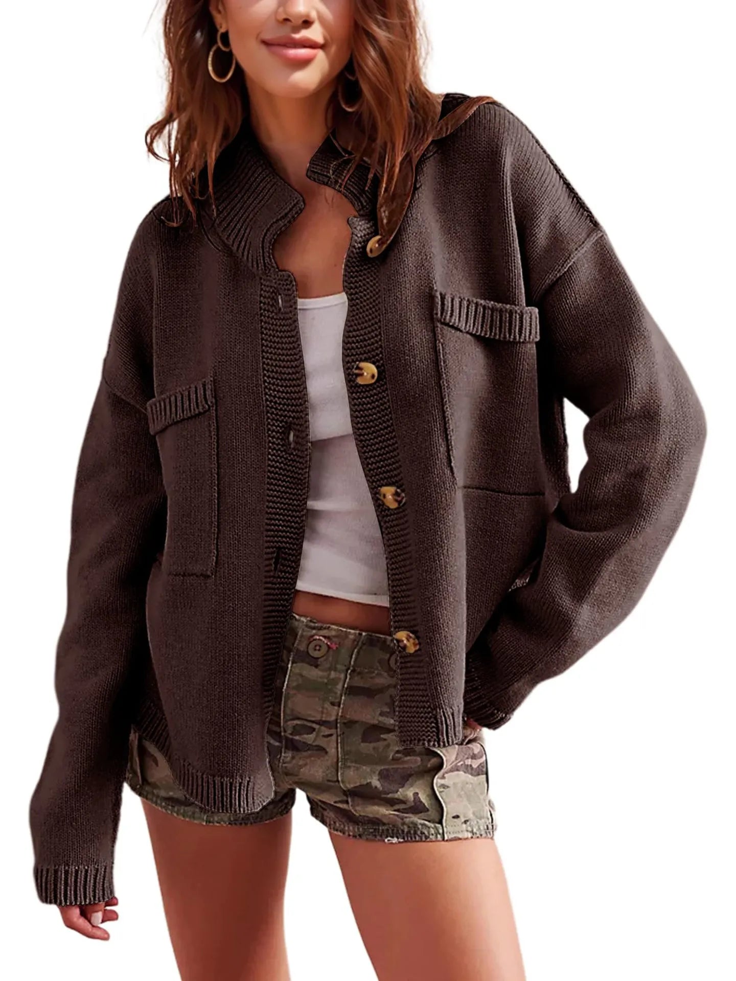 Ribbed Hem Button Up Cardigan - Fashorio