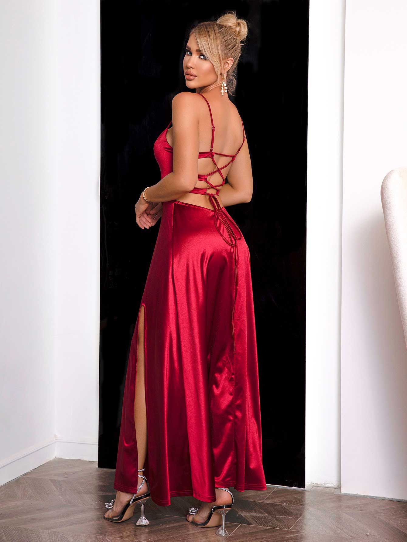 Spaghetti Strap Lace-Up Back Split Dress - Fashorio