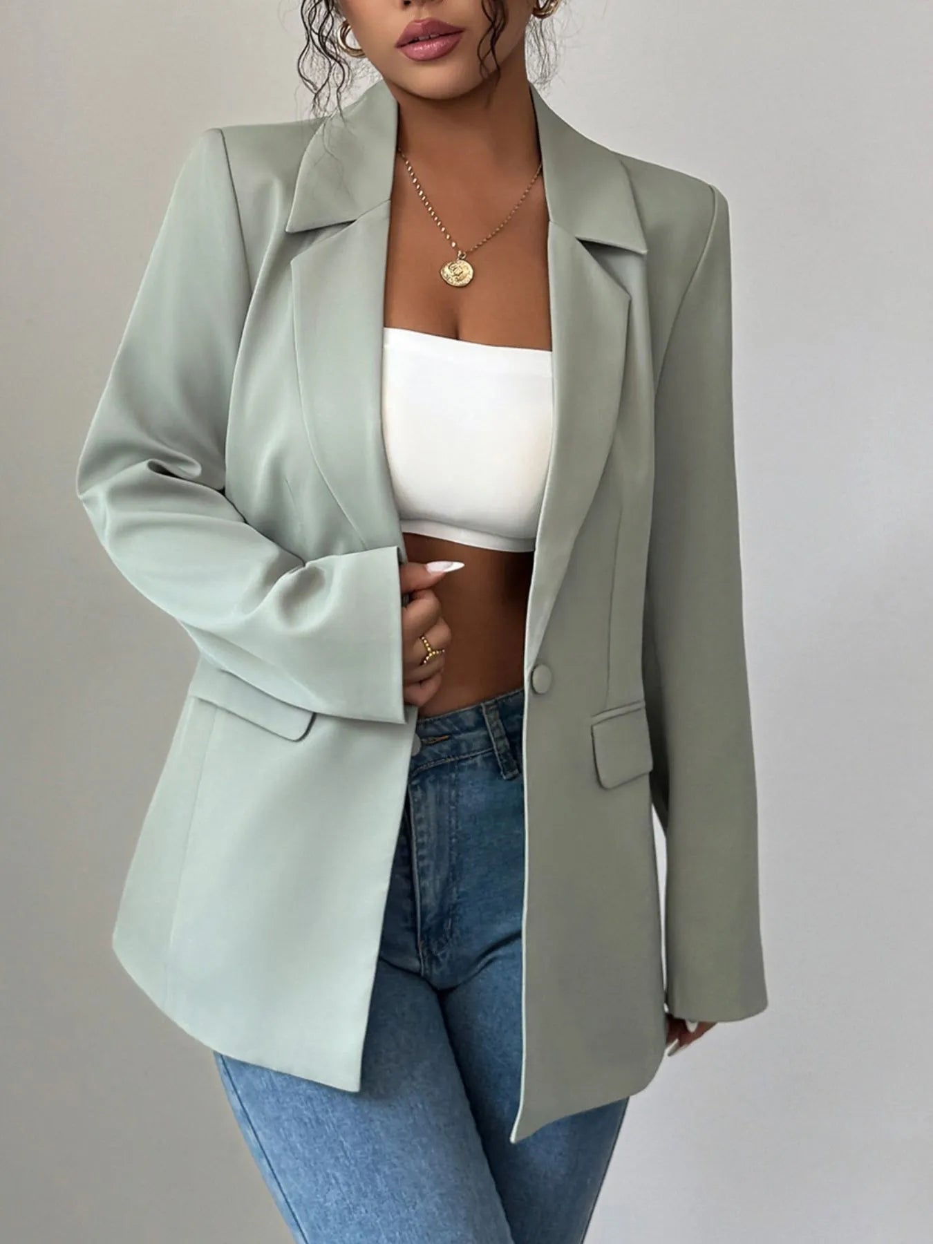 One Button Lapel Collar Blazer Green - Fashorio