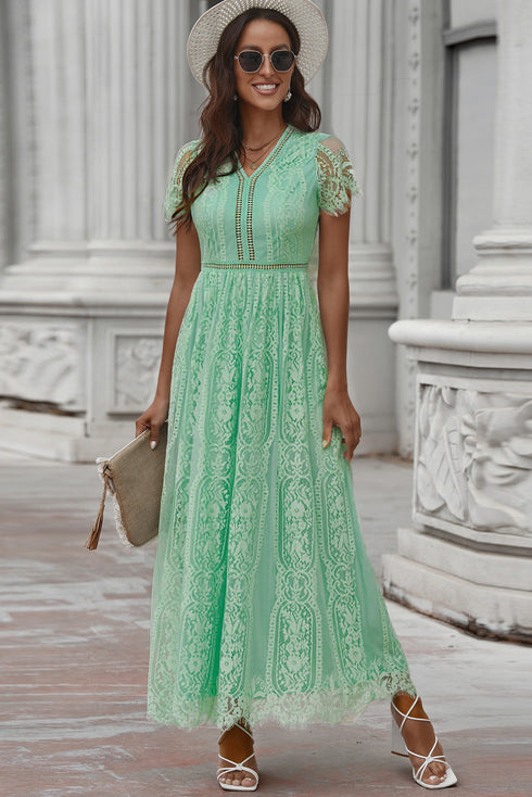 Scalloped Trim Lace Plunge Dress Mid Green - Fashorio
