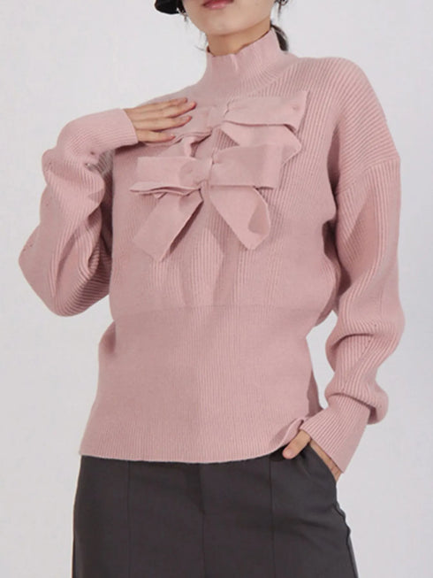 Bow Front Turtleneck Long Sleeve Sweater Pink - Fashorio