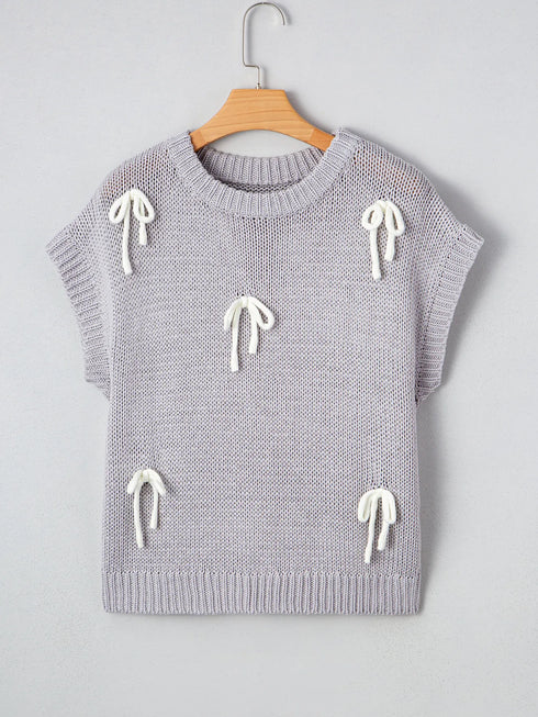 Bow Round Neck Short Sleeve Sweater - Fashorio