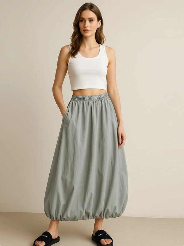 Elastic Waist Bubble Hem Maxi Skirt Light Green One Size - Fashorio