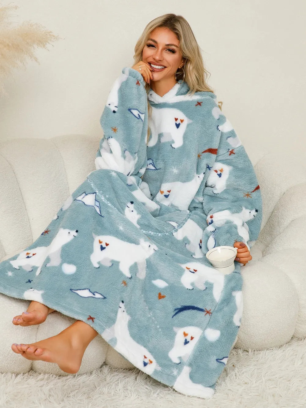 Fuzzy Pocketed Long Sleeve Hooded Lounge Dress - Fashorio