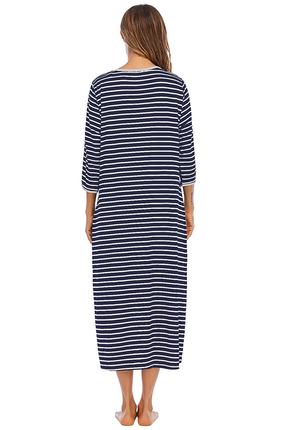 Round Neck Three-Quarter Sleeve Midi Night Dress - Fashorio