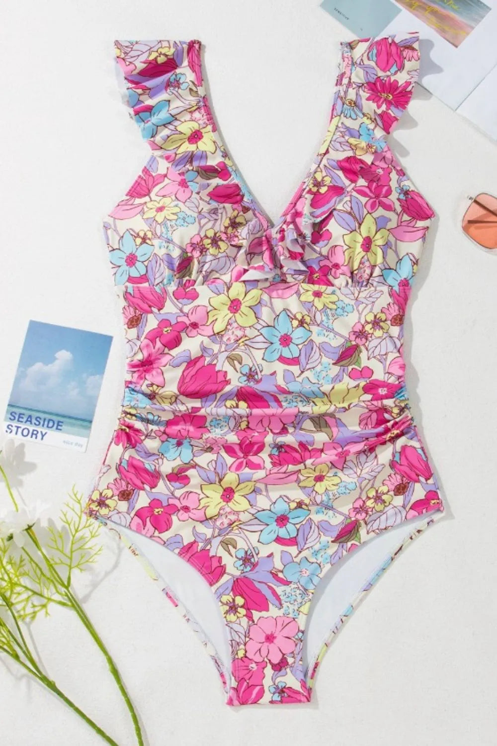 Floral Ruffle Trim Tummy Control One Piece Swimsuit - Fashorio