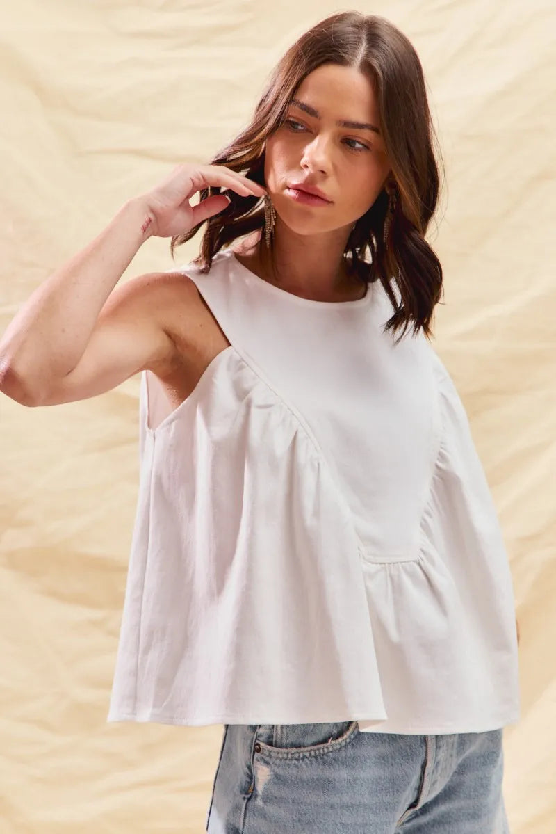 SO ME Game Day Color Denim Ruched Sleeveless Top - Fashorio