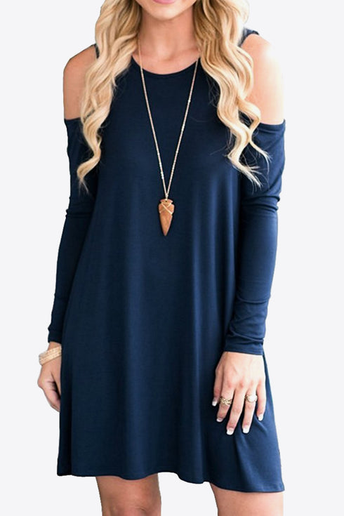 Cold-Shoulder Long Sleeve Mini Dress – Casual Round Neck Style Navy - Fashorio