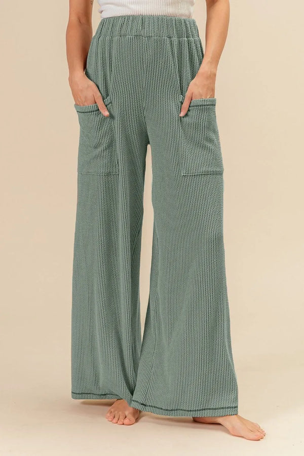 BiBi 2tone Cord Rib Waist Band Side Pocket Pants DK SAGE - Fashorio