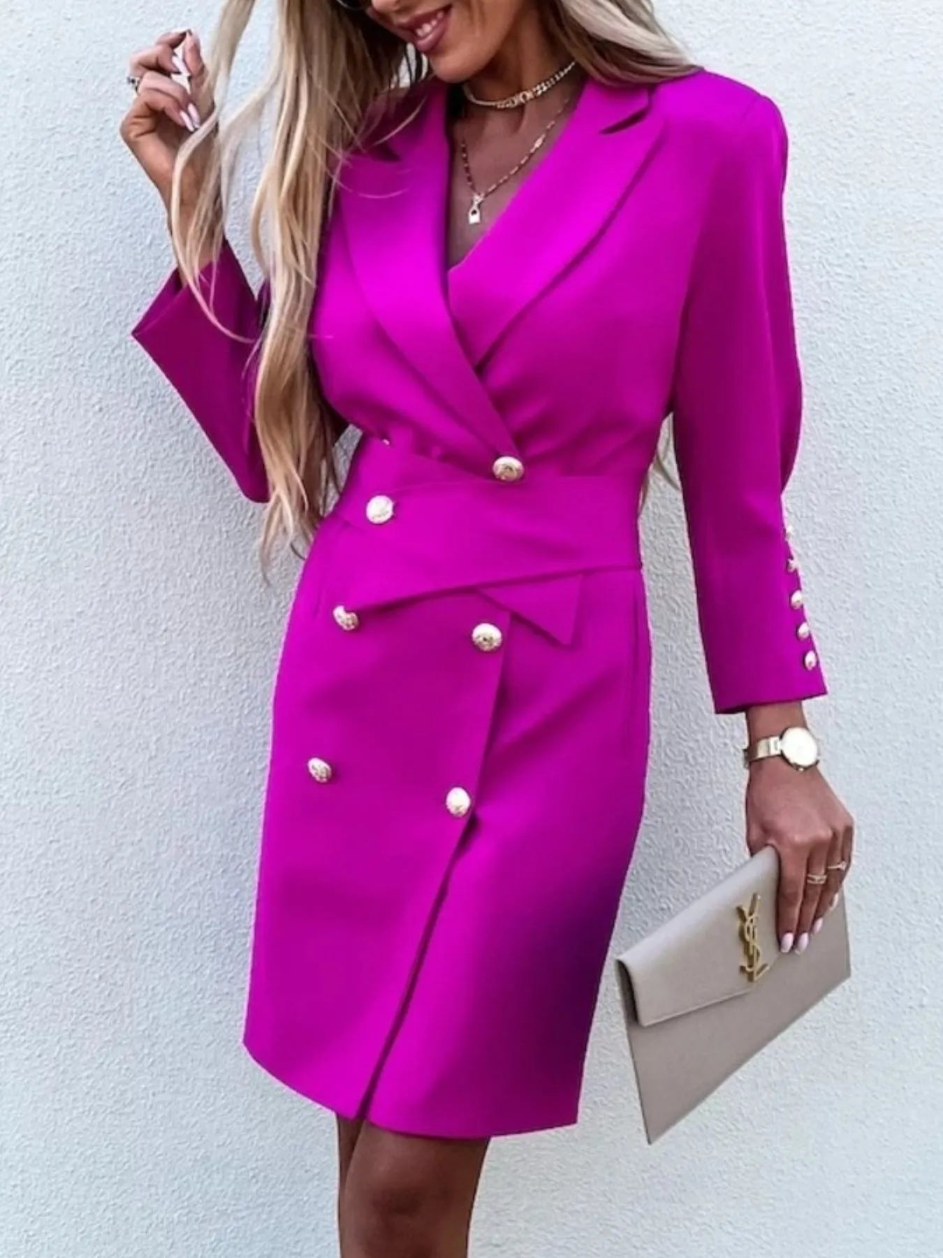Double-Breasted Lapel Collar Longline Blazer - Fashorio