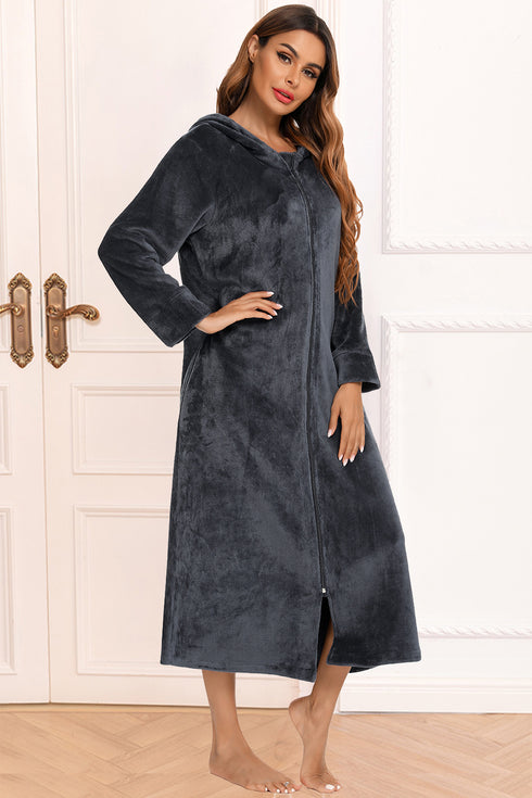 Zip Front Hooded Night Dress with Pockets Charcoal - Fashorio