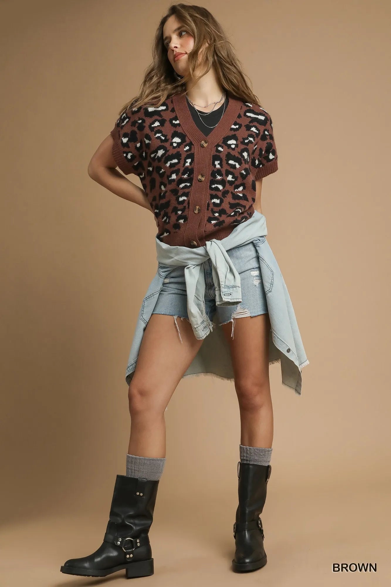 Umgee Leopard Button Down Short Sleeve Cardigan - Fashorio