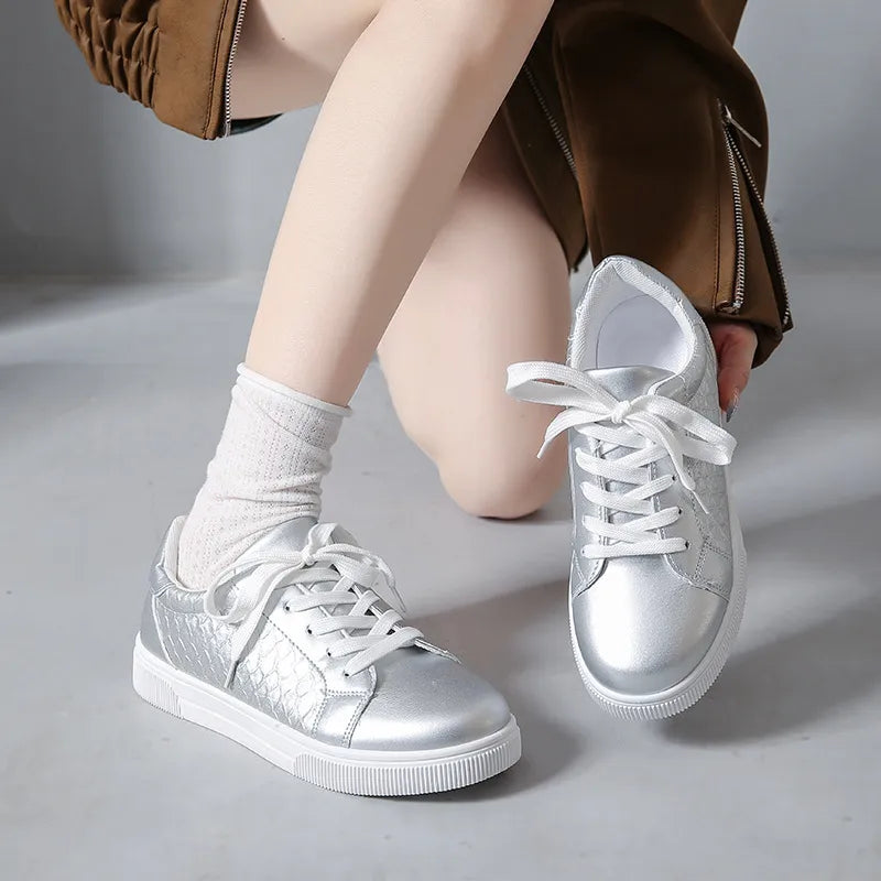 Round Toe Lace Up Sneakers Silver - Fashorio