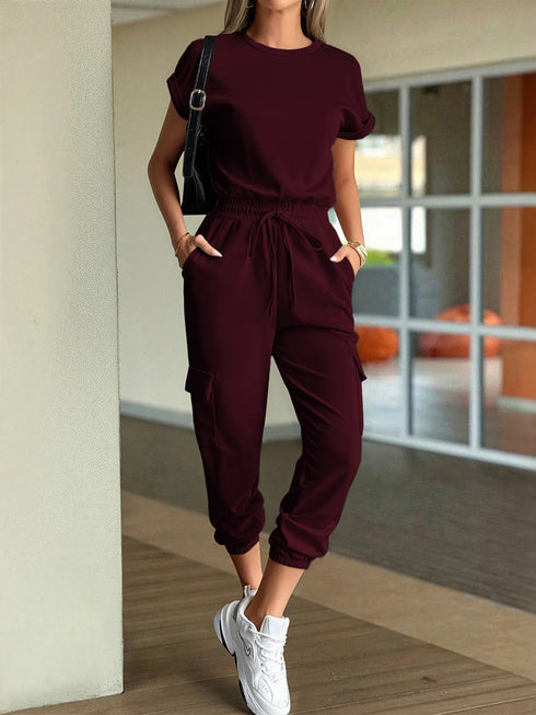 Round Neck Short Sleeve Top and Pants Set - Fashorio