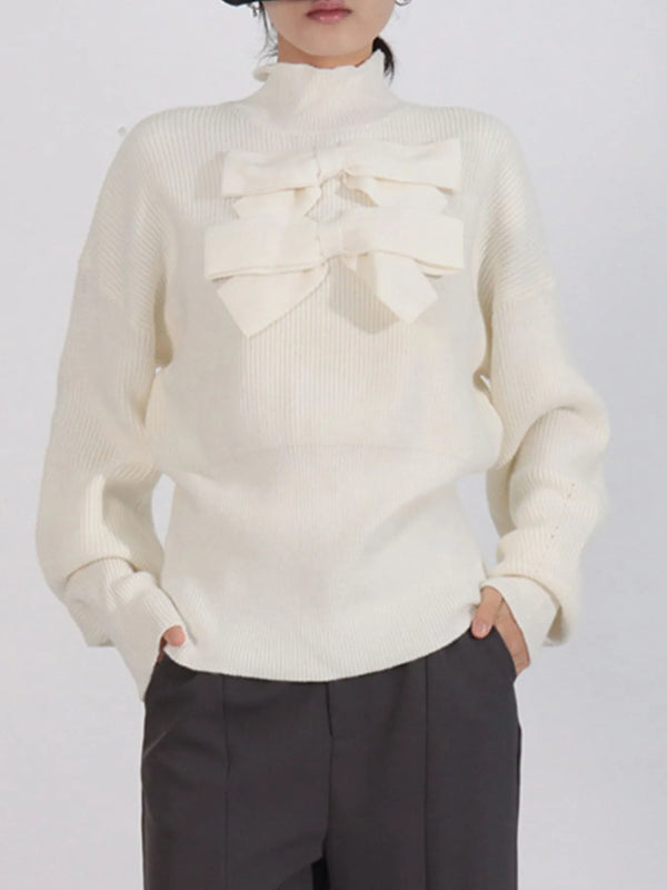 Bow Front Turtleneck Long Sleeve Sweater White - Fashorio