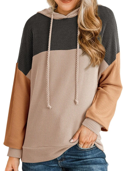 Drawstring Color Block Long Sleeve Hoodie - Fashorio