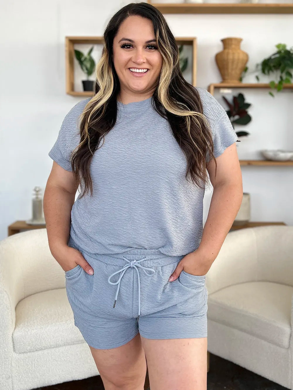 Double Take Full Size Texture Short Sleeve T-Shirt and Drawstring Shorts Set - Fashorio